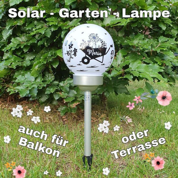 Solar-Lampe Kugel Schubkarre + Blumen Solarlampe mit Name und Wunschtext Garten Balkon Terrasse