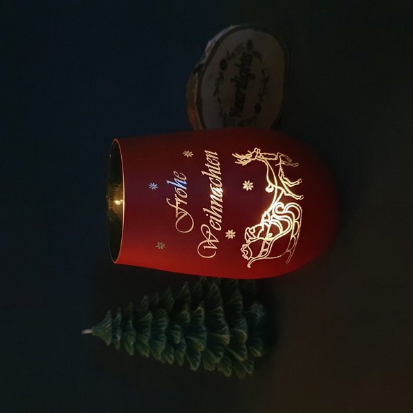 Windlicht rot Frohe Weihnachten Gravur Teelichtglas Leuchtglas Santa mit Schlitten Rentier