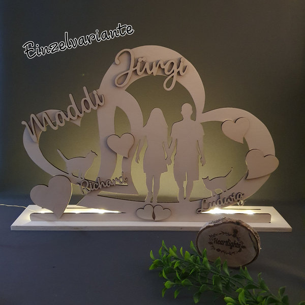 personalisierte Motivleuchte Silhouette Paar Familie Herzen mit Namen LED Lichterkette Holzlampe