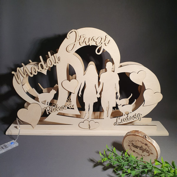 personalisierte Motivleuchte Silhouette Paar Familie Herzen mit Namen LED Lichterkette Holzlampe